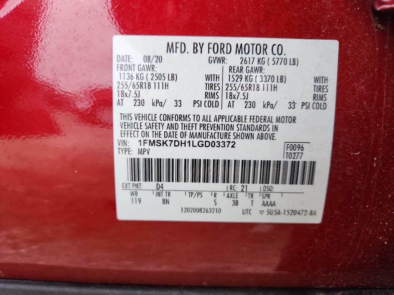 2020 Ford Explorer Xlt VIN: 1FMSK7DH1LGD03372 Lot: 85860205