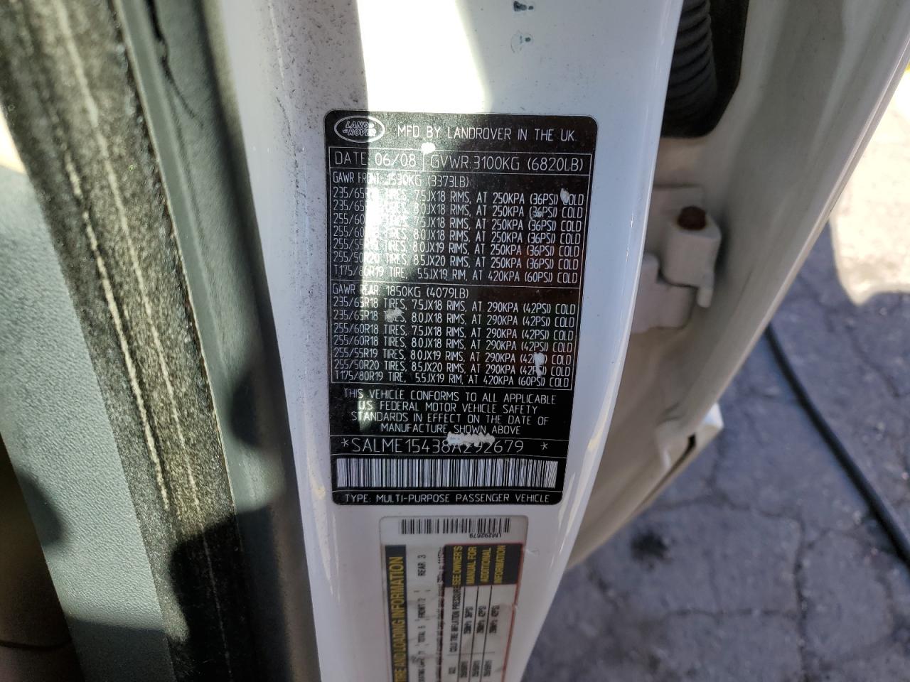 2008 Land Rover Range Rover Hse VIN: SALME15438A292679 Lot: 86500485