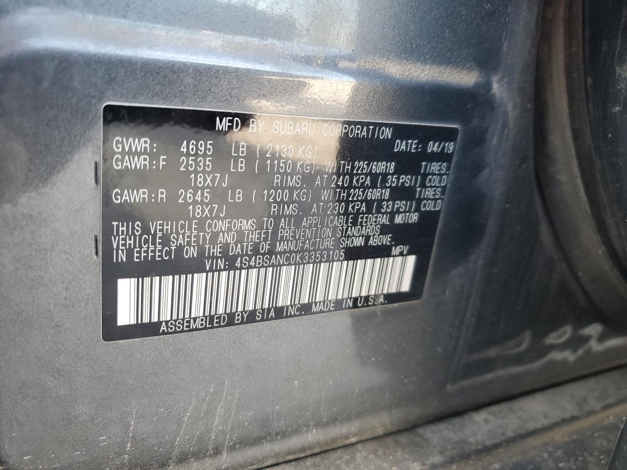 2019 Subaru Outback 2.5I Limited VIN: 4S4BSANC0K3353105 Lot: 84792595