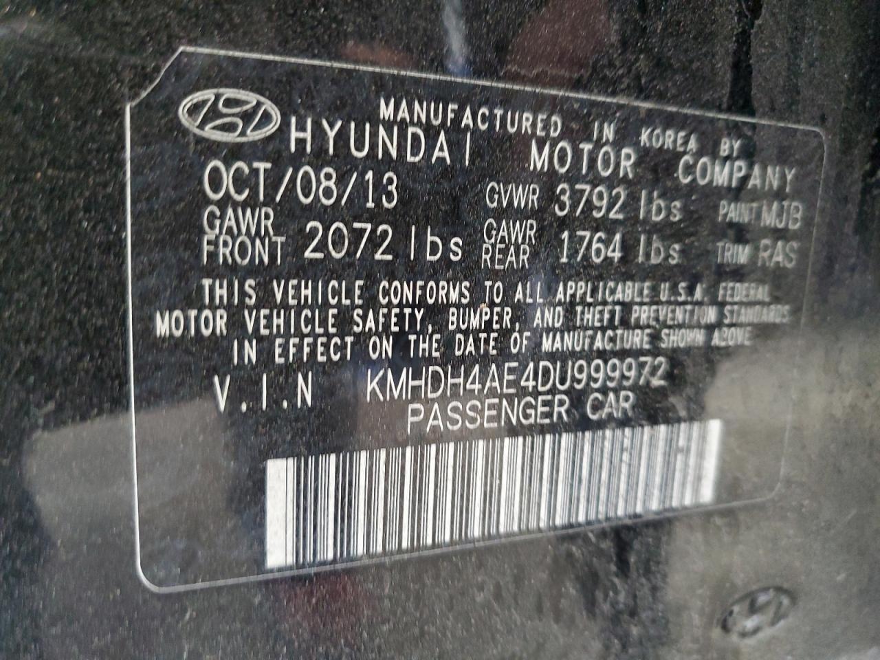 2013 Hyundai Elantra Gls VIN: KMHDH4AE4DU999972 Lot: 90263235