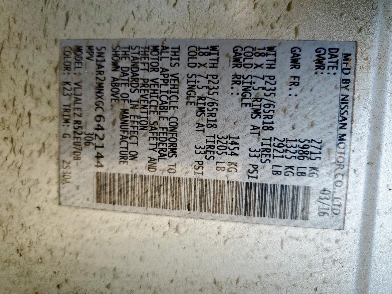 2016 Nissan Pathfinder S VIN: 5N1AR2MNXGC642144 Lot: 82263995