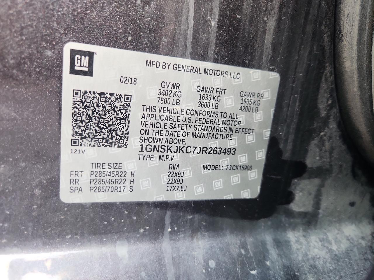 2018 Chevrolet Suburban K1500 Premier VIN: 1GNSKJKC7JR263493 Lot: 85585775