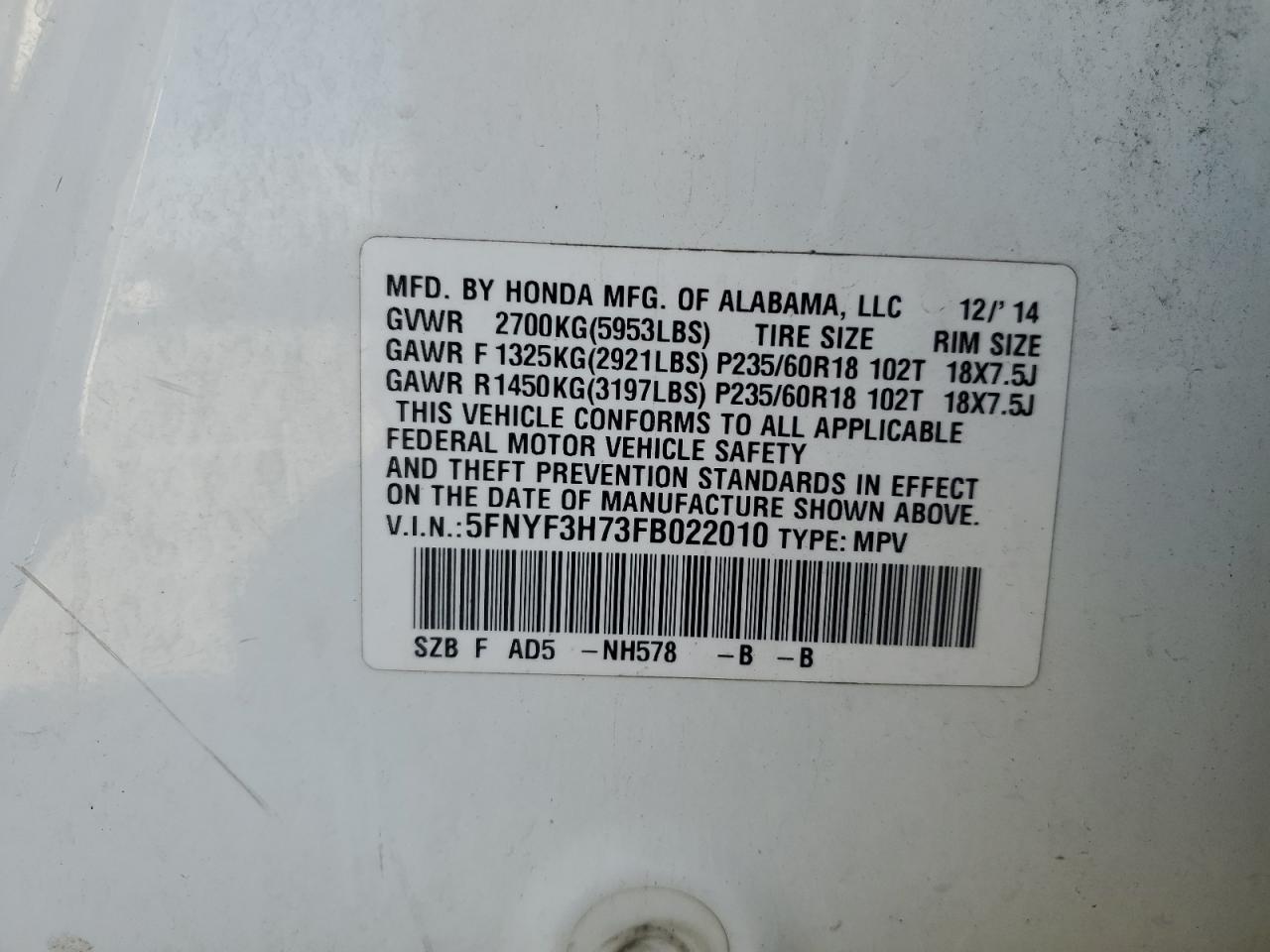 2015 Honda Pilot Exln VIN: 5FNYF3H73FB022010 Lot: 85703425