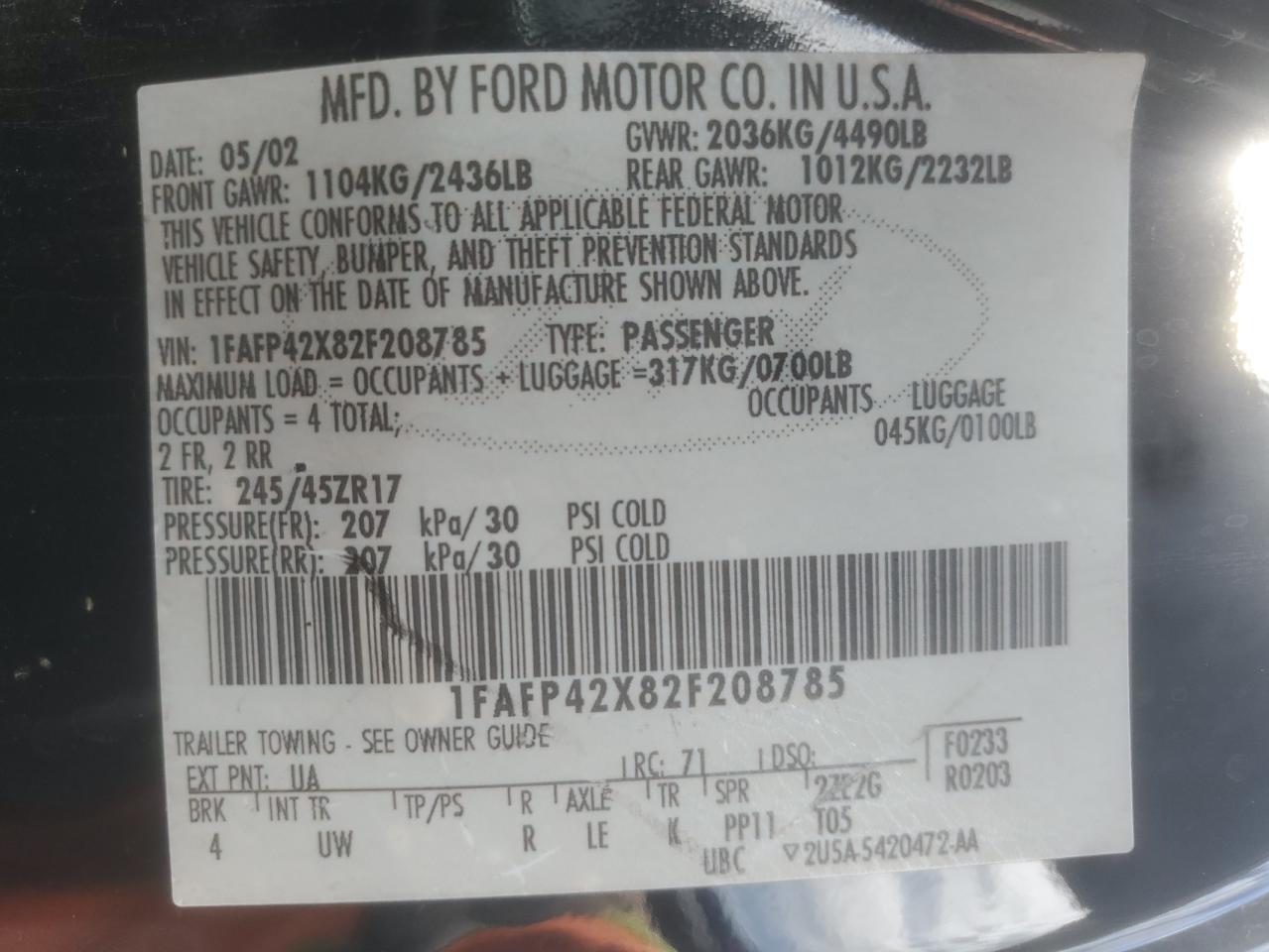 2002 Ford Mustang Gt VIN: 1FAFP42X82F208785 Lot: 85755595