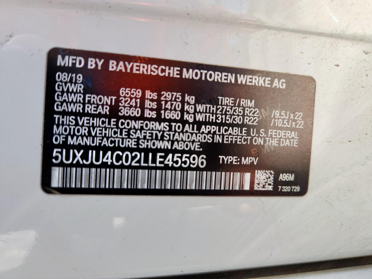 2020 BMW X5 M50I VIN: 5UXJU4C02LLE45596 Lot: 84953185