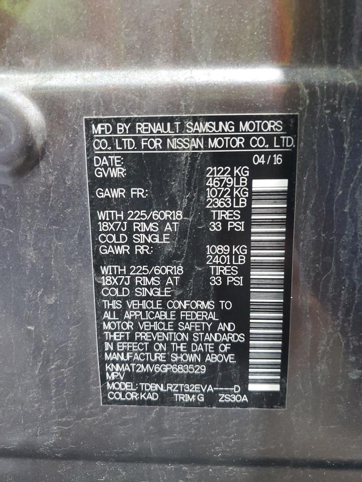 2016 Nissan Rogue S VIN: KNMAT2MV6GP683529 Lot: 85096095