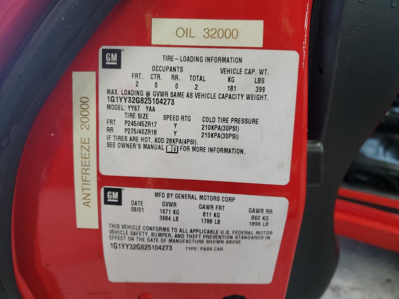 2002 Chevrolet Corvette VIN: 1G1YY32G825104273 Lot: 82208015