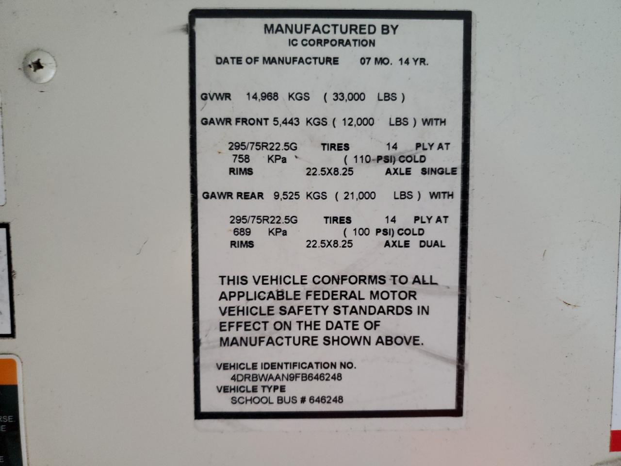 2015 Ic Corporation Ce Series School - School Bus VIN: 4DRBWAAN3FB646245 Lot: 84572945