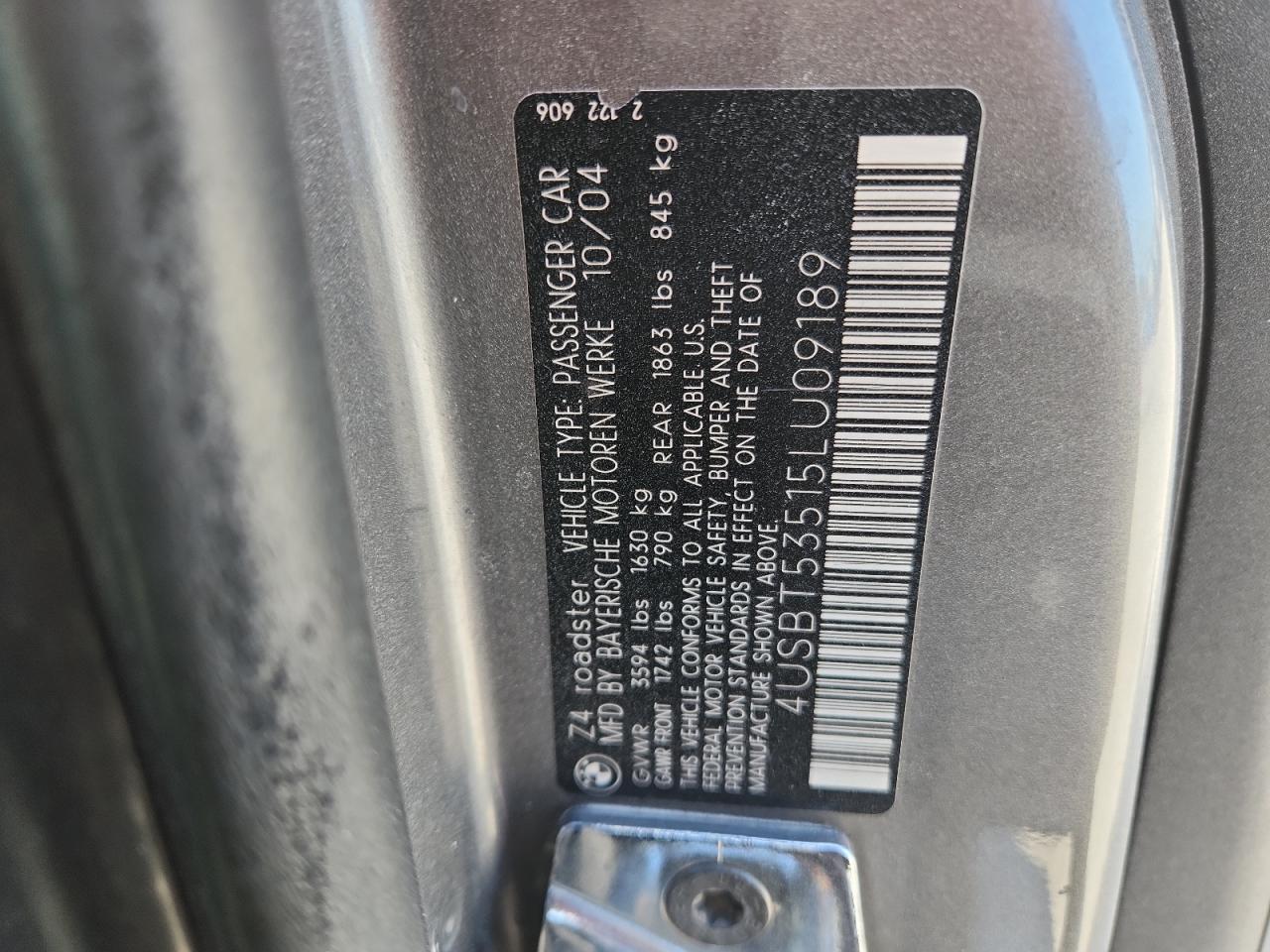 2005 BMW Z4 3.0 VIN: 4USBT53515LU09189 Lot: 84481445