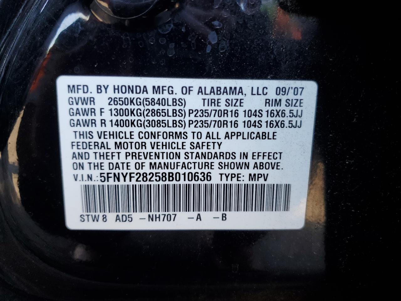 2008 Honda Pilot Vp VIN: 5FNYF28258B010636 Lot: 85167245