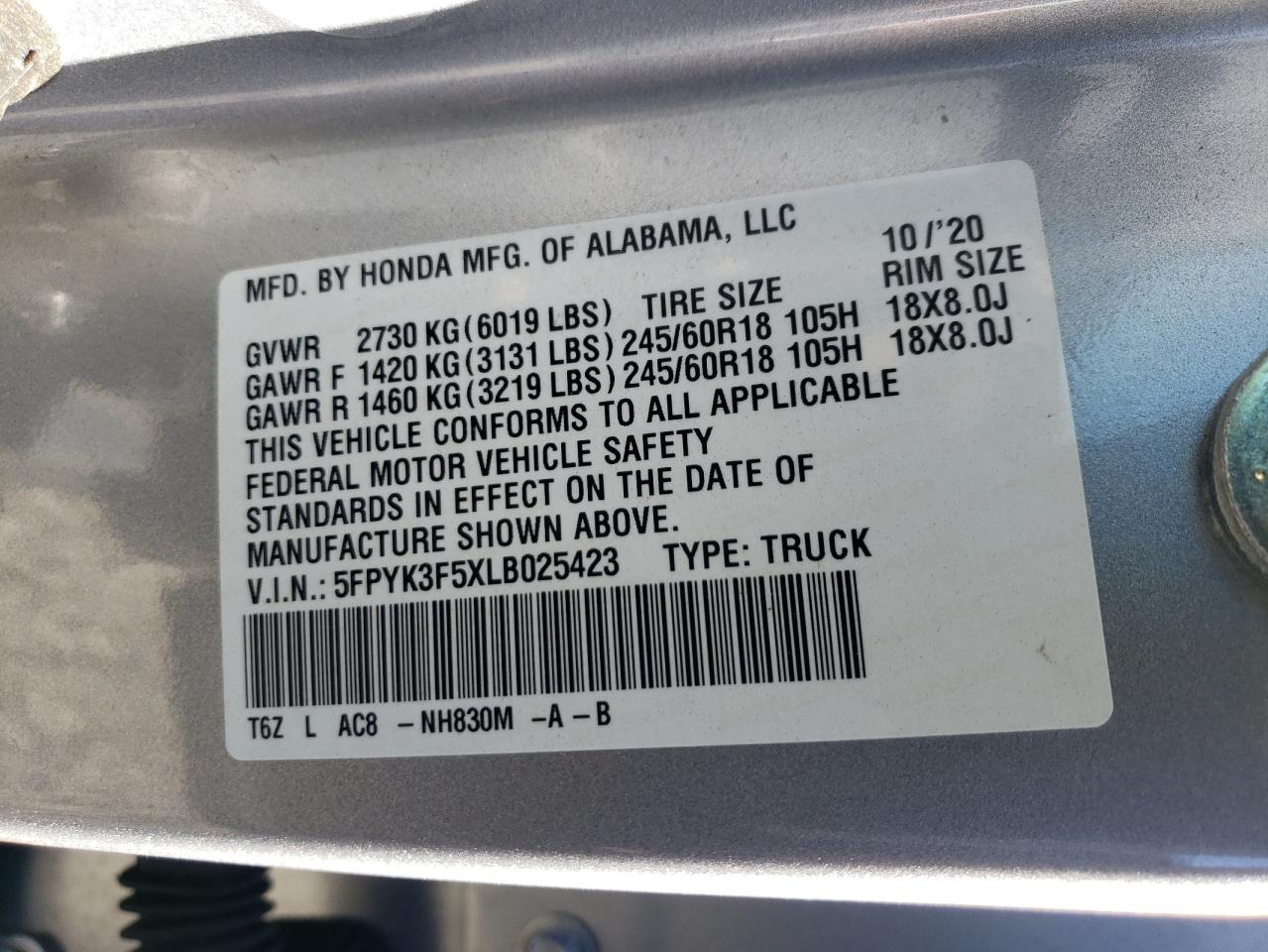 2020 Honda Ridgeline Rtl VIN: 5FPYK3F5XLB025423 Lot: 89633315