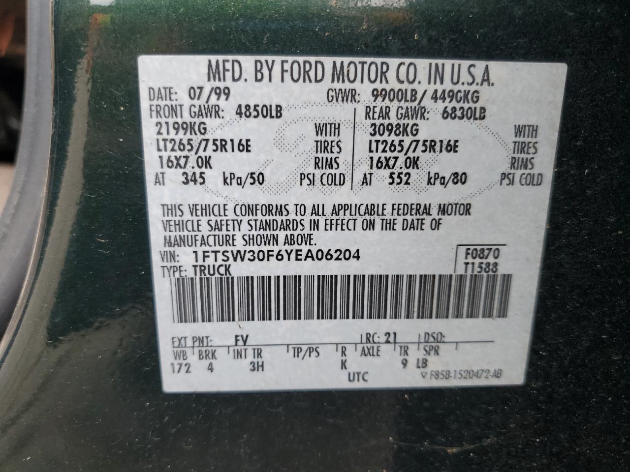 2000 Ford F350 Srw Super Duty VIN: 1FTSW30F6YEA06204 Lot: 85744665