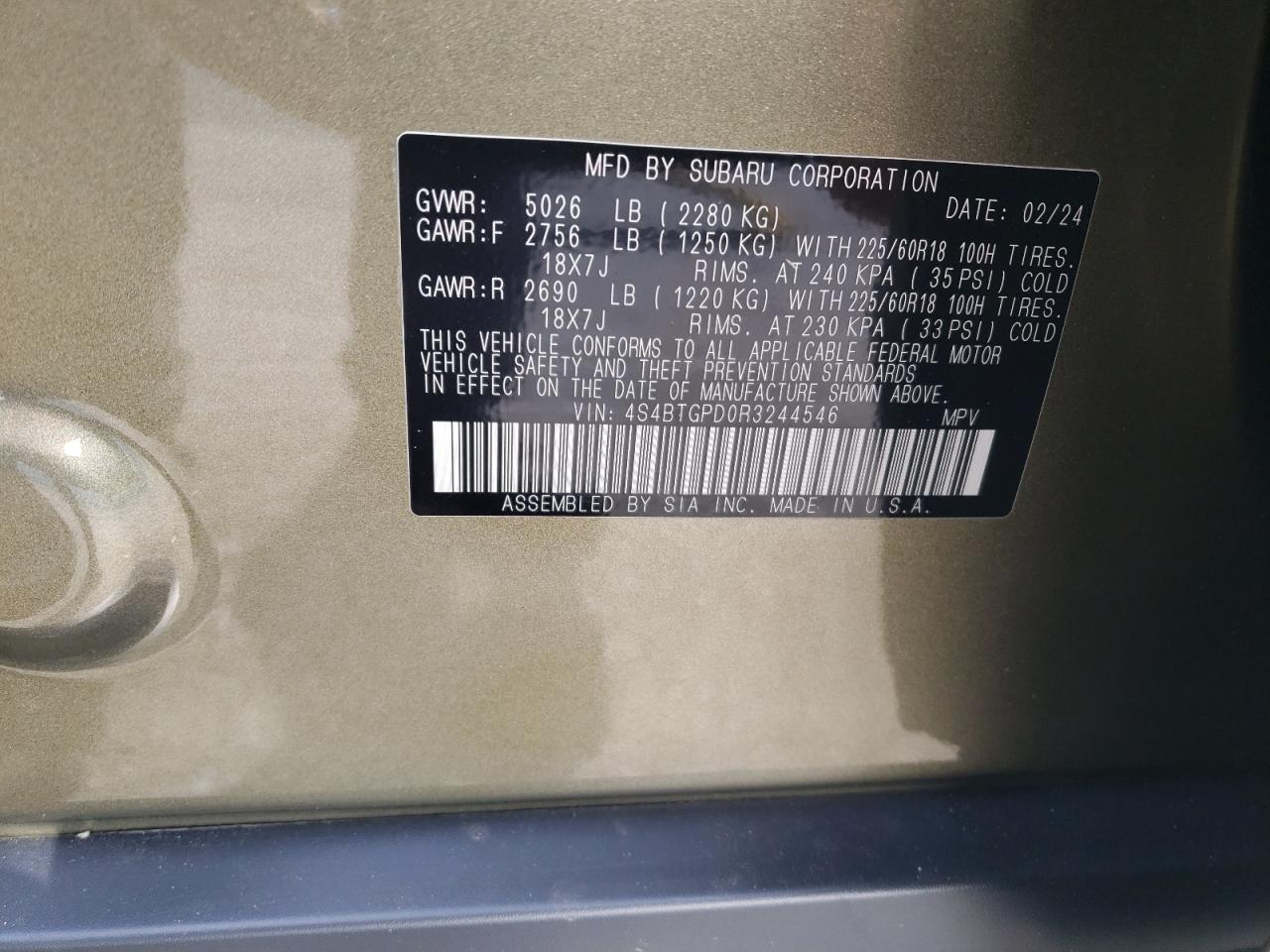 2024 Subaru Outback Touring VIN: 4S4BTGPD0R3244546 Lot: 84633975