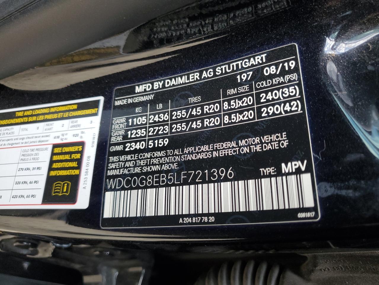 2020 Mercedes-Benz Glc 300 4Matic VIN: WDC0G8EB5LF721396 Lot: 86853665