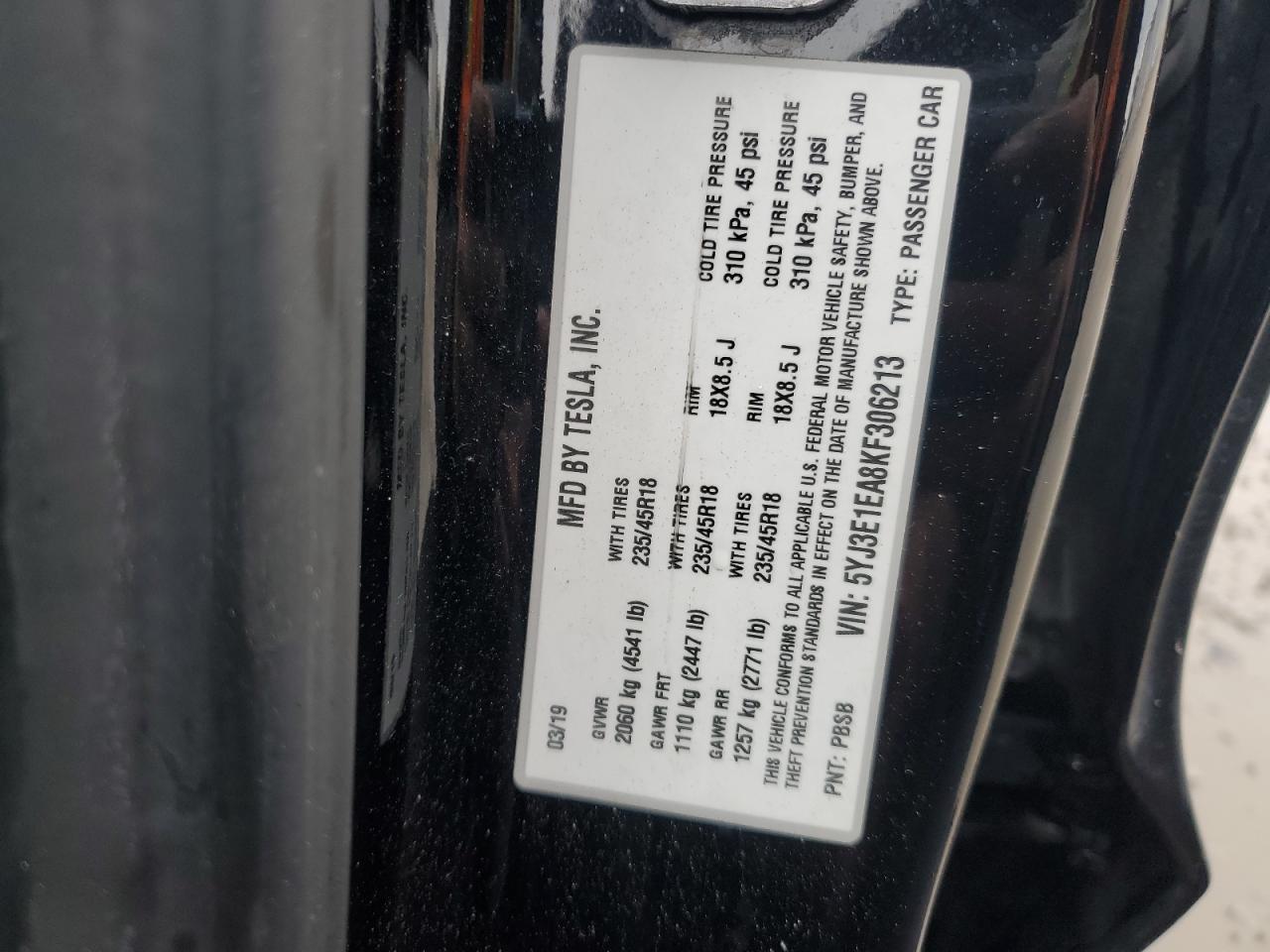 2019 Tesla Model 3 VIN: 5YJ3E1EA8KF306213 Lot: 90433095