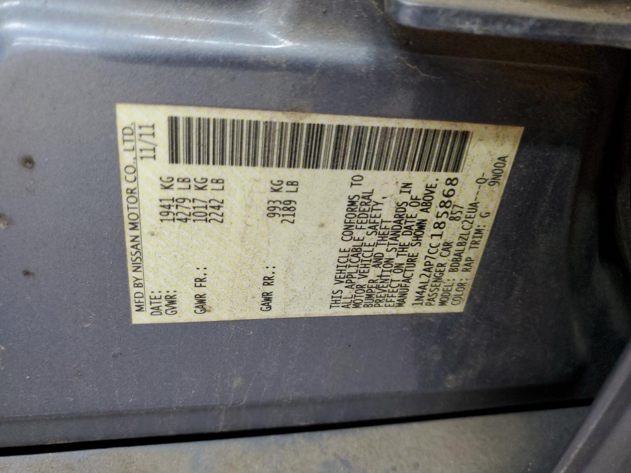 2012 Nissan Altima Base VIN: 1N4AL2AP7CC185868 Lot: 82346345