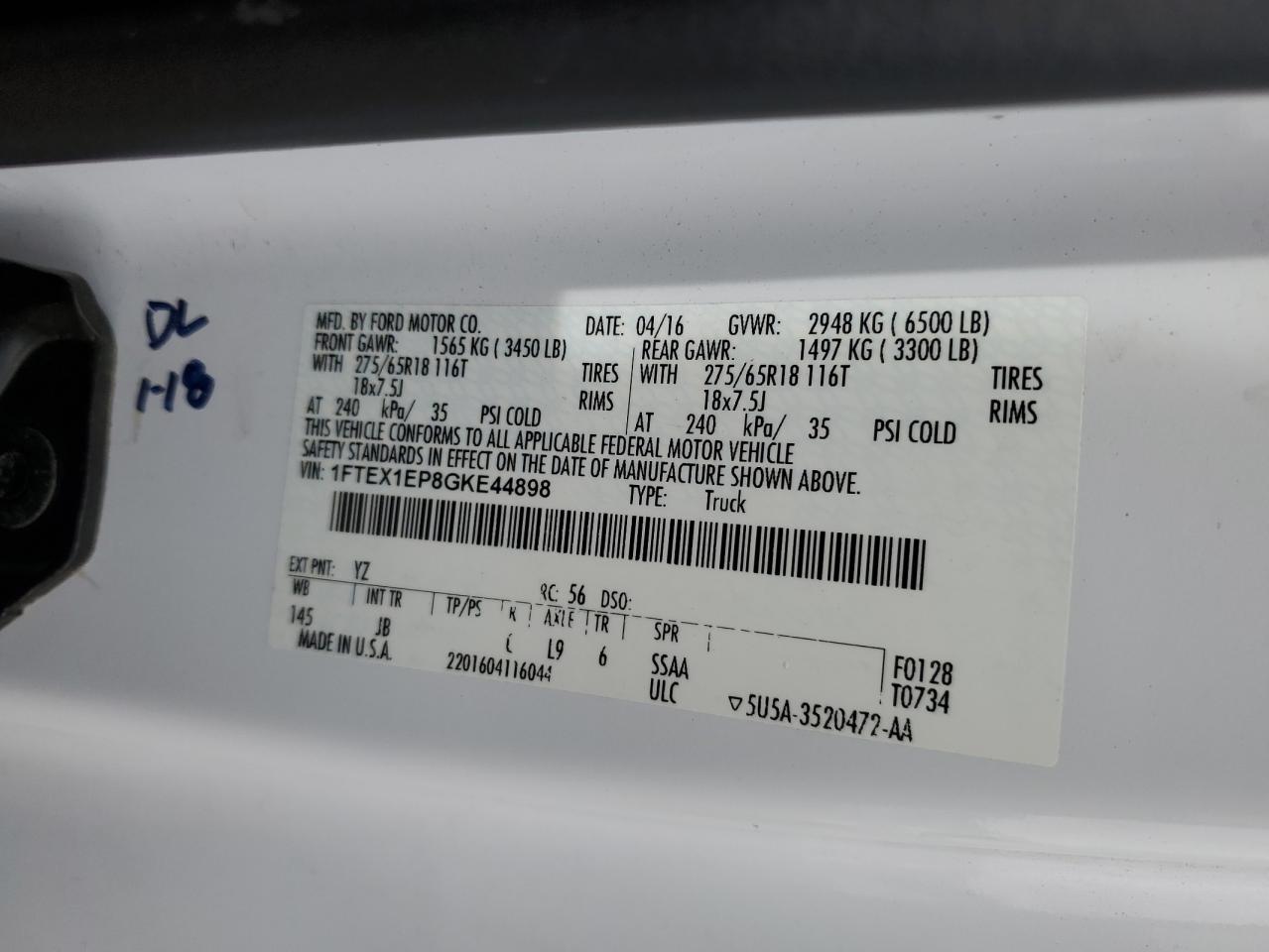 2016 Ford F150 Super Cab VIN: 1FTEX1EP8GKE44898 Lot: 87305655