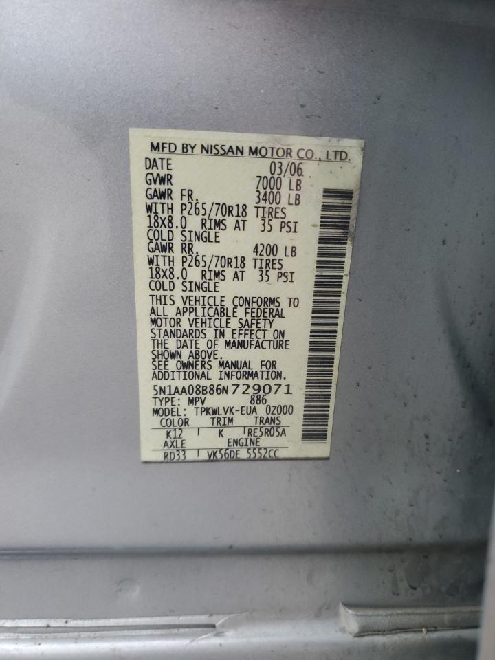 2006 Nissan Armada Se VIN: 5N1AA08B86N729071 Lot: 85325925