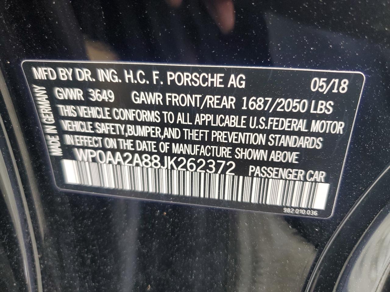 2018 Porsche Cayman VIN: WP0AA2A88JK262372 Lot: 85528355