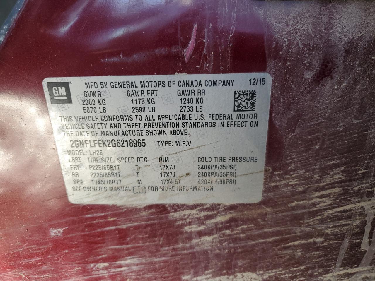 2016 Chevrolet Equinox Lt VIN: 2GNFLFEK2G6218965 Lot: 84278295