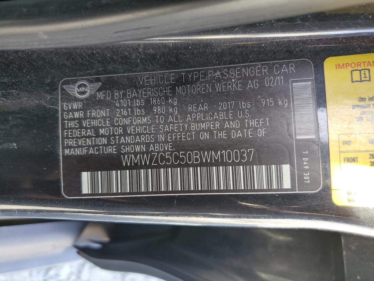 2011 Mini Cooper S Countryman VIN: WMWZC5C50BWM10037 Lot: 82690525