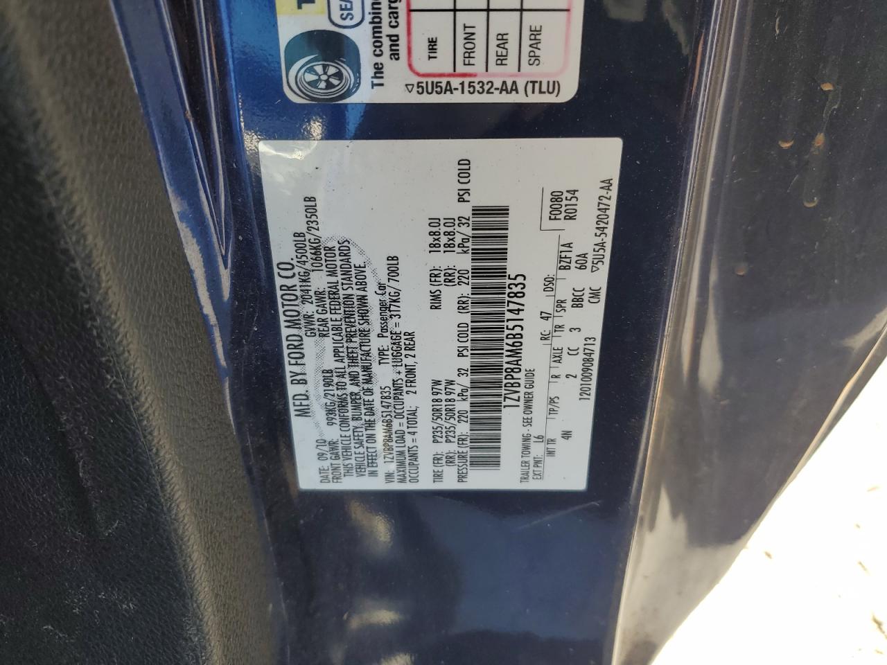 2011 Ford Mustang VIN: 1ZVBP8AM6B5147835 Lot: 84061485