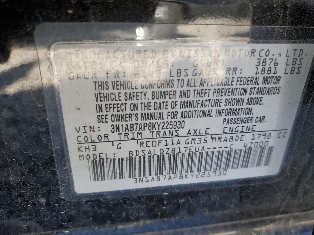 2019 Nissan Sentra S VIN: 3N1AB7AP8KY225930 Lot: 85385325