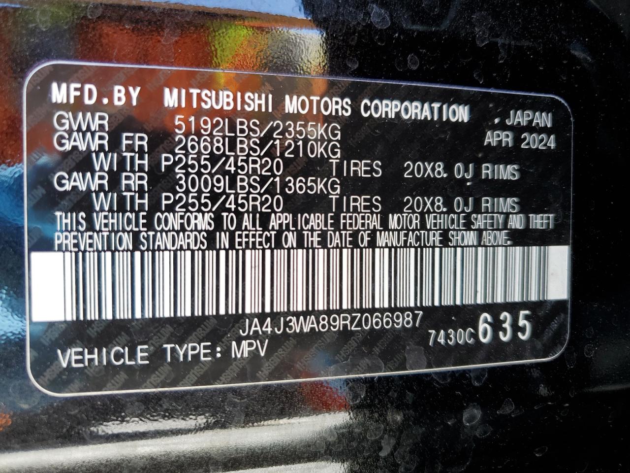 2024 Mitsubishi Outlander Sel VIN: JA4J3WA89RZ066987 Lot: 90355235