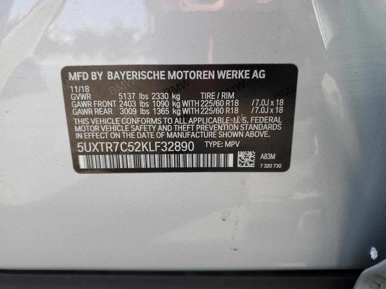 2019 BMW X3 Sdrive30I VIN: 5UXTR7C52KLF32890 Lot: 82302185