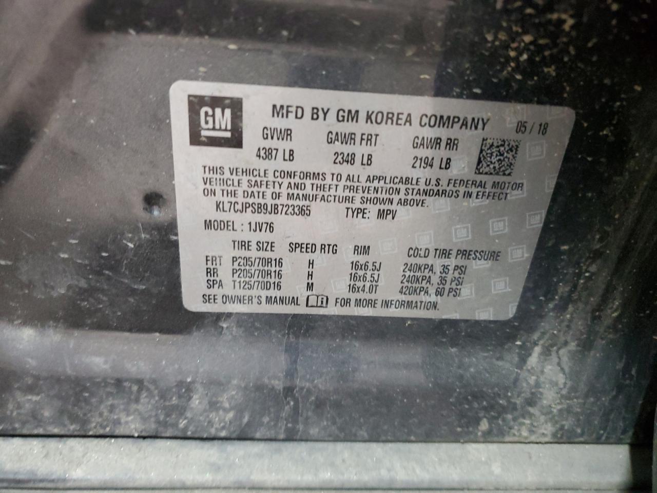 2018 Chevrolet Trax 1Lt VIN: KL7CJPSB9JB723365 Lot: 85827075