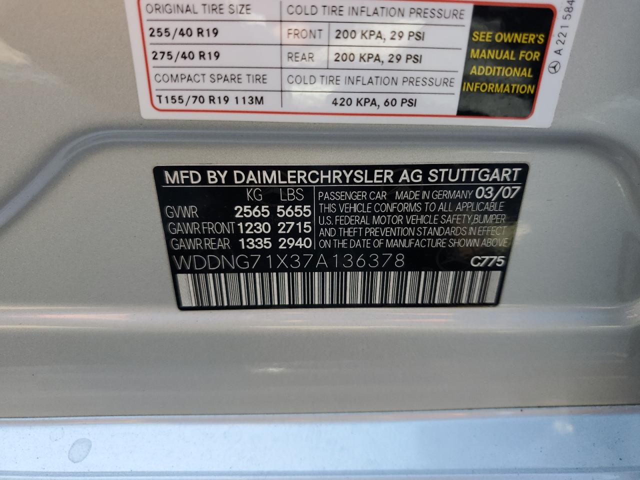 2007 Mercedes-Benz S 550 VIN: WDDNG71X37A136378 Lot: 85368575