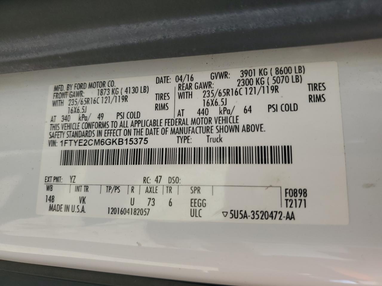 2016 Ford Transit T-150 VIN: 1FTYE2CM6GKB15375 Lot: 86674925