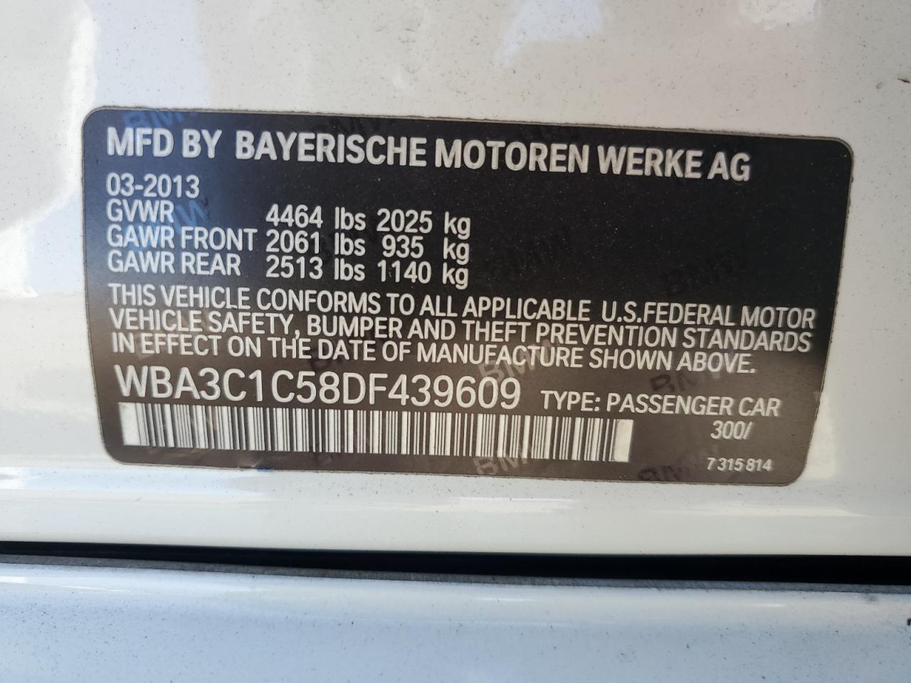 2013 BMW 328 I Sulev VIN: WBA3C1C58DF439609 Lot: 81909545