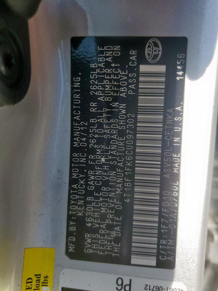 2012 Toyota Camry Base VIN: 4T1BF1FK6CU097302 Lot: 86158715