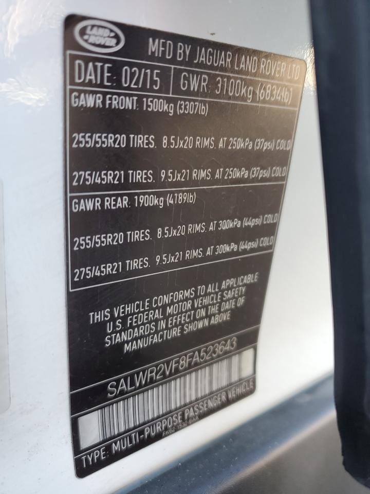 2015 Land Rover Range Rover Sport Hse VIN: SALWR2VF8FA523643 Lot: 85008405