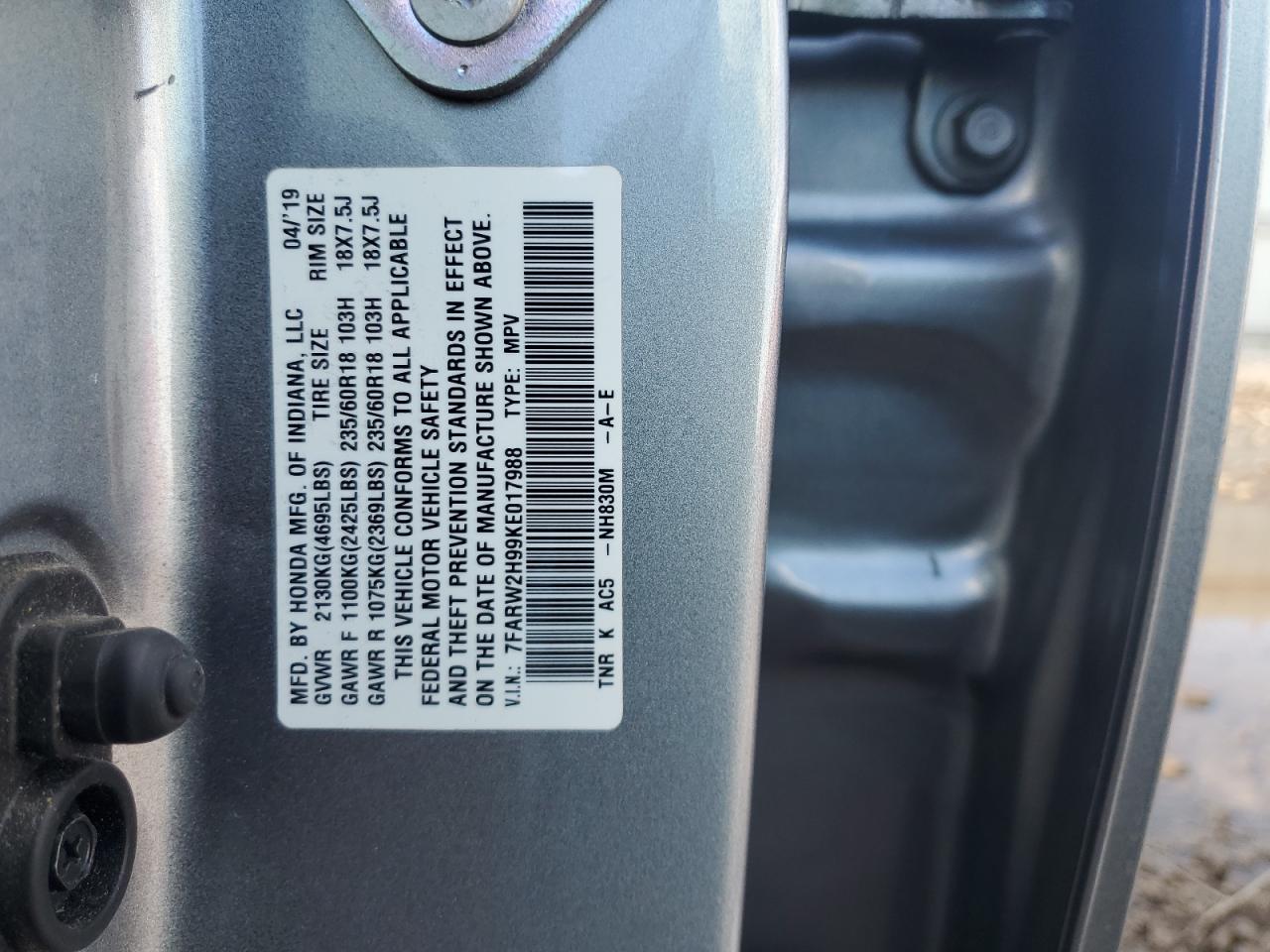 2019 Honda Cr-V Touring VIN: 7FARW2H99KE017988 Lot: 85306145