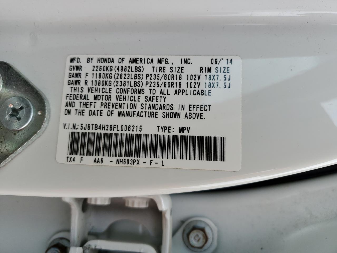 2015 Acura Rdx VIN: 5J8TB4H38FL006215 Lot: 82672815