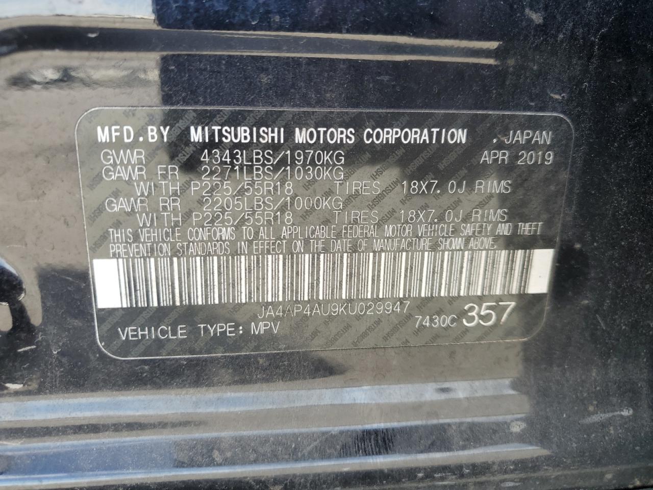 2019 Mitsubishi Outlander Sport Se VIN: JA4AP4AU9KU029947 Lot: 86498655