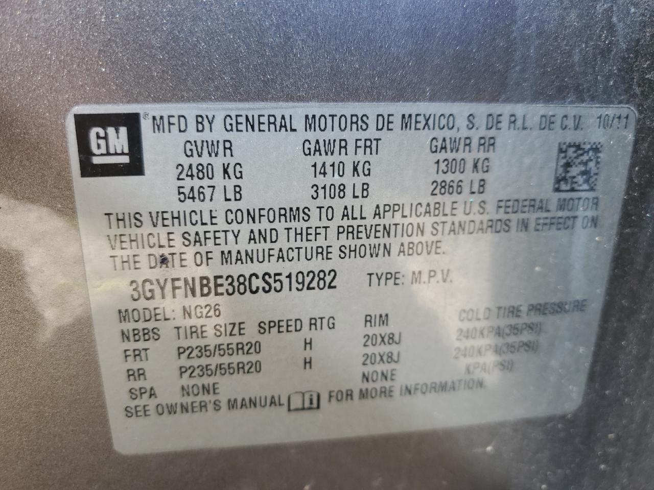 2012 Cadillac Srx Performance Collection VIN: 3GYFNBE38CS519282 Lot: 82666075