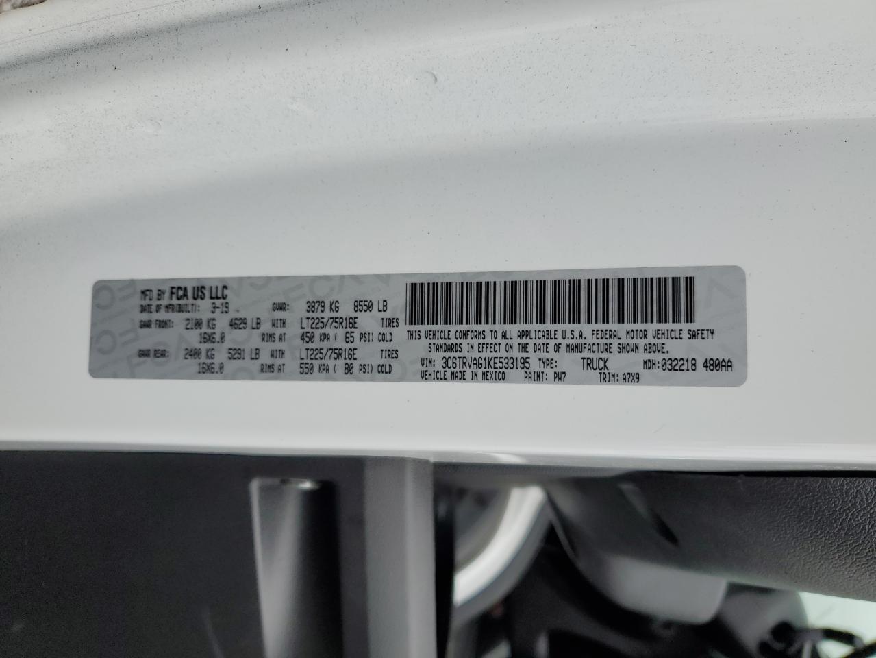 2019 Ram Promaster 1500 Utility / Service Van VIN: 3C6TRVAG1KE533195 Lot: 90275655