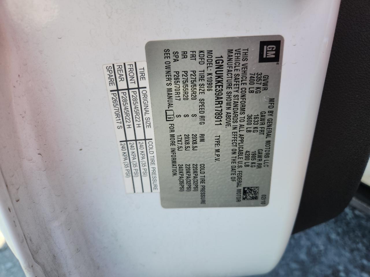 2010 Chevrolet Suburban K1500 Ltz VIN: 1GNUKKE39AR178911 Lot: 84655375