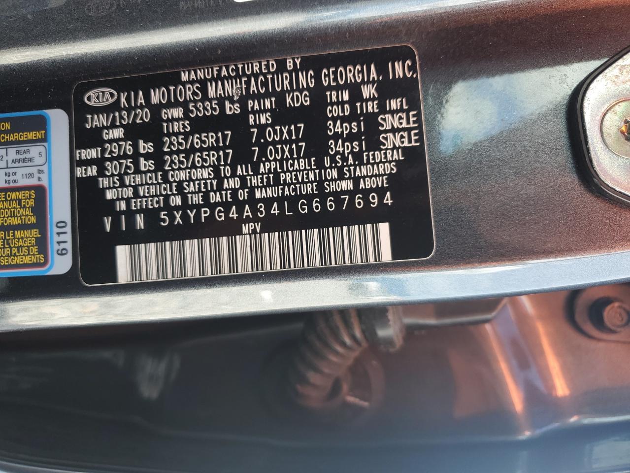 2020 Kia Sorento L VIN: 5XYPG4A34LG667694 Lot: 85641445