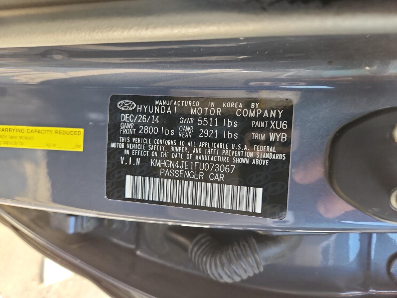 2015 Hyundai Genesis 3.8L VIN: KMHGN4JE1FU073067 Lot: 86839025