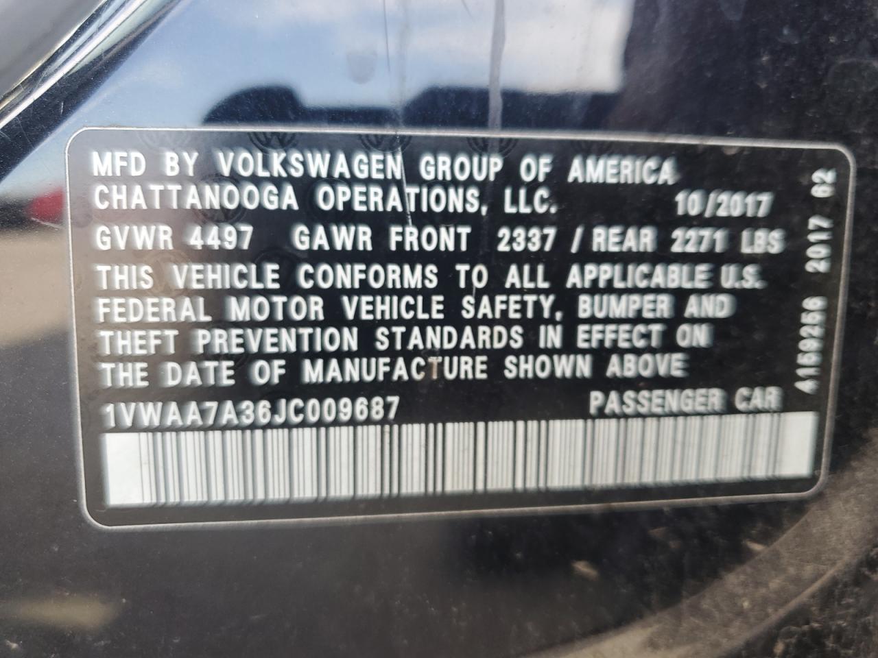 2018 Volkswagen Passat S VIN: 1VWAA7A36JC009687 Lot: 84638435