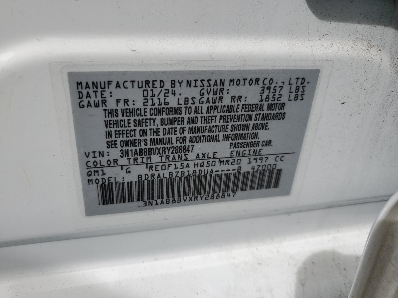 2024 Nissan Sentra S VIN: 3N1AB8BVXRY288847 Lot: 85334825