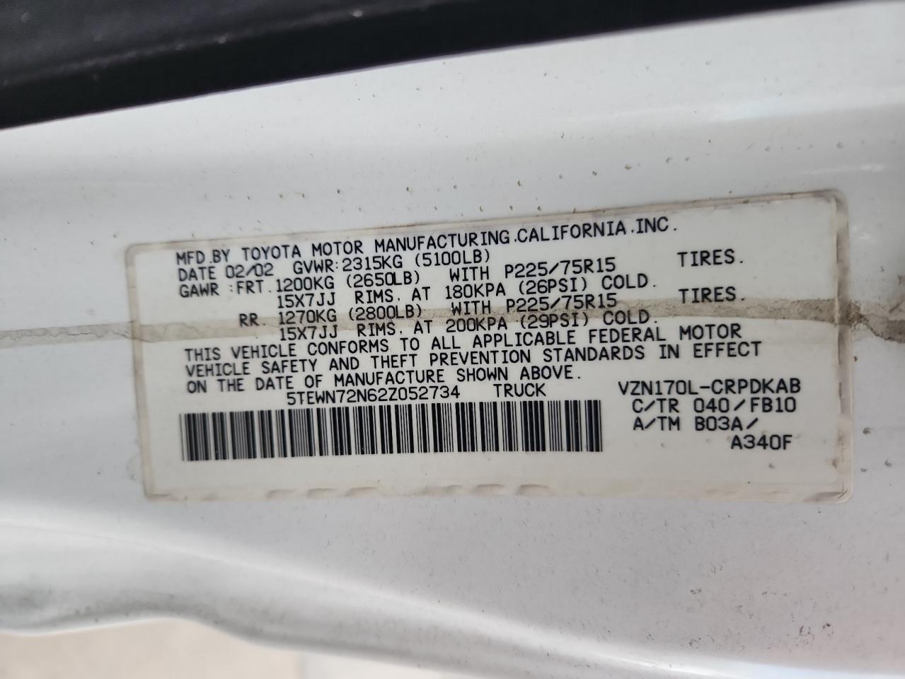 2002 Toyota Tacoma Xtracab VIN: 5TEWN72N62Z052734 Lot: 86295055