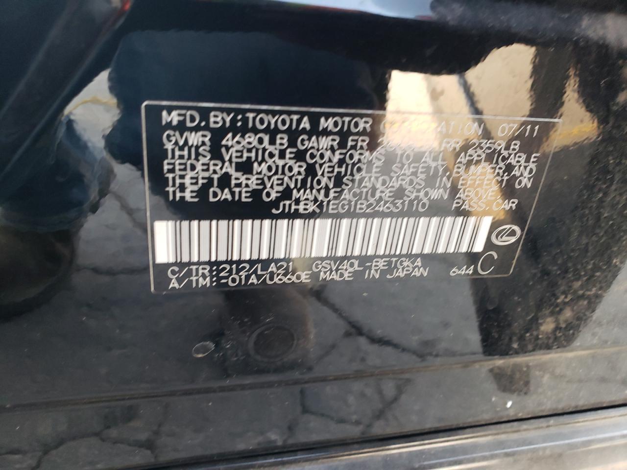 2011 Lexus Es 350 VIN: JTHBK1EG1B2463110 Lot: 85138665