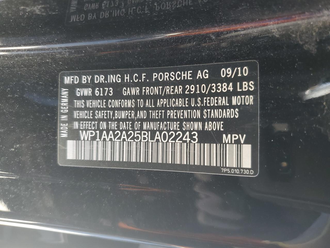 2011 Porsche Cayenne VIN: WP1AA2A25BLA02243 Lot: 81377145