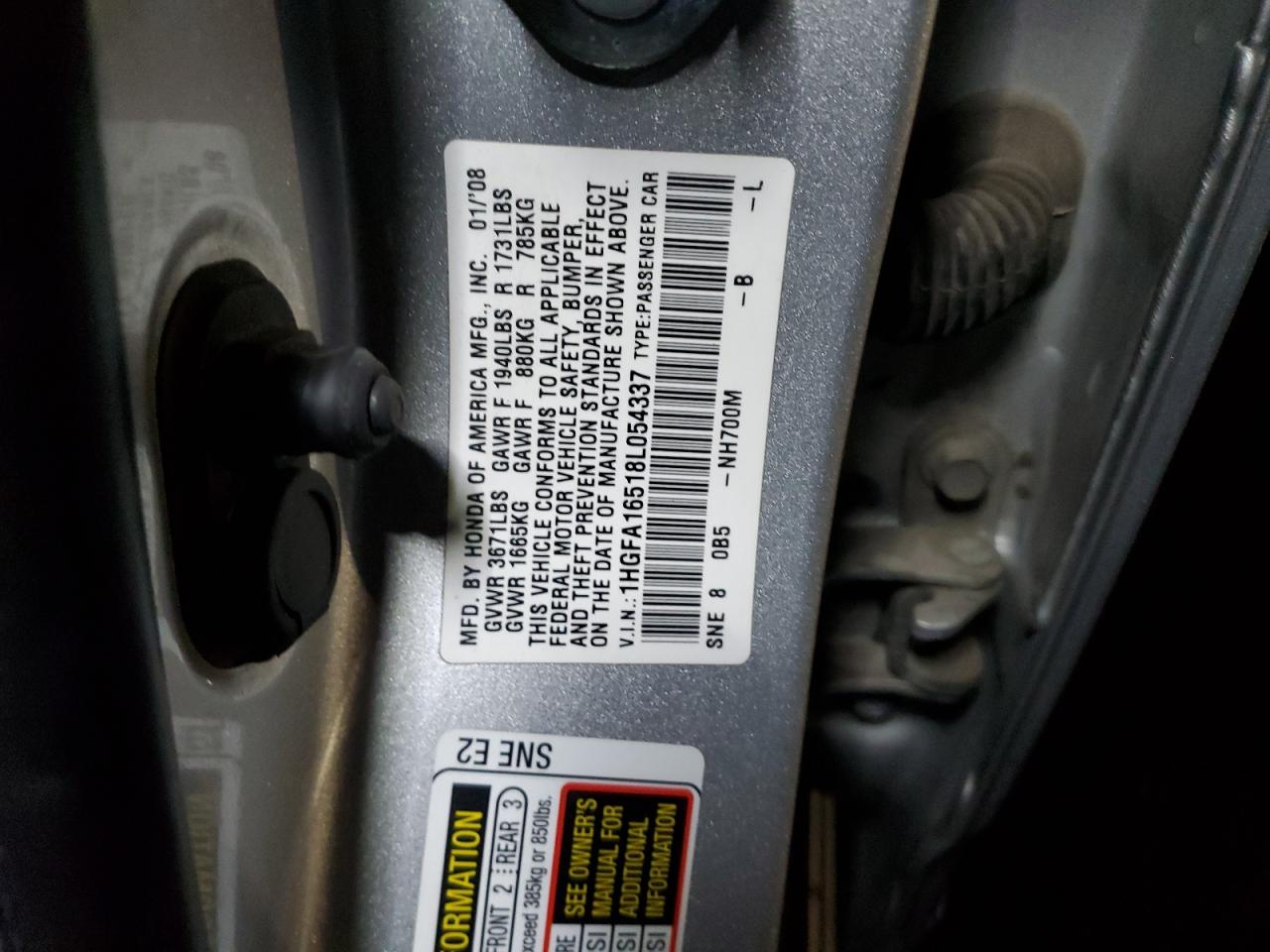 2008 Honda Civic Lx VIN: 054337 Lot: 86586525