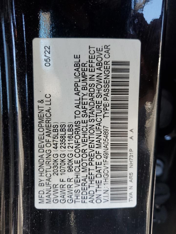 2022 Honda Accord Sport Se VIN: 1HGCV1F49NA054897 Lot: 90294365